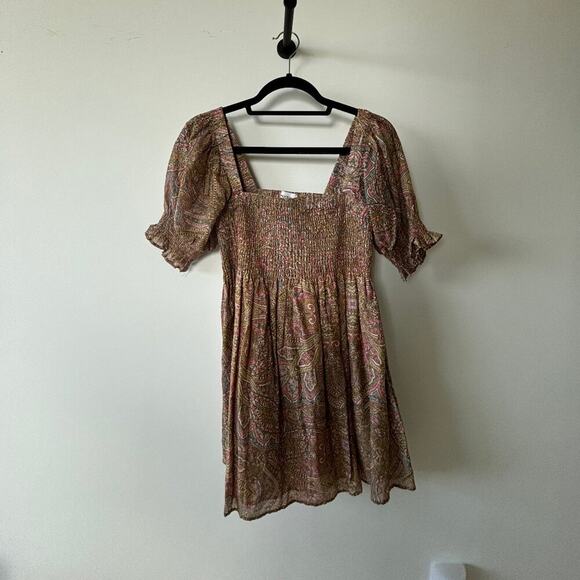 Montce Pink and Green Smocked Puff Sleeve Mini Dress - Picture 2 of 4